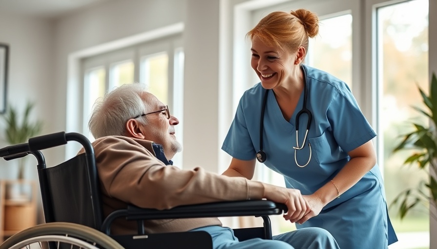 Nurse assisting elderly man in wheelchair in bright home setting.