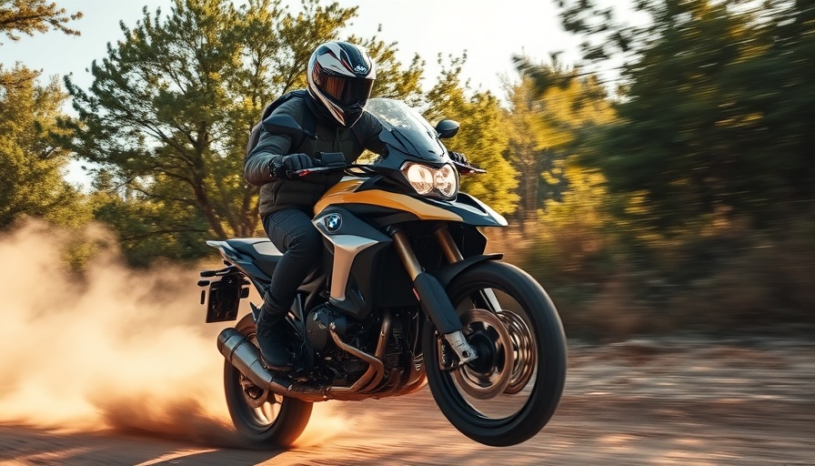 BMW GS adventure motorcycle performing a jump on a dirt trail.