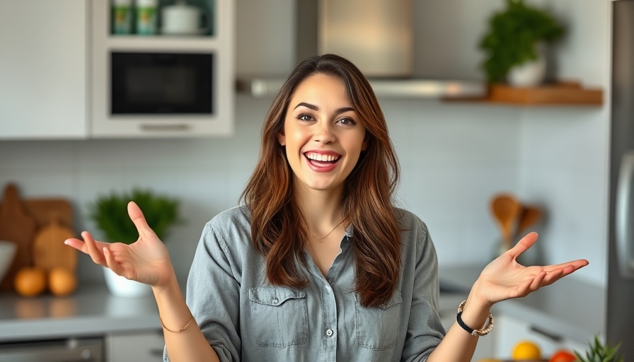 Enthusiastic woman sharing healthy lifestyle tips in a kitchen.