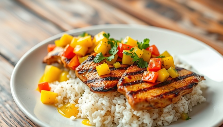 Colorful grilled chicken meal prep for fitness with rice and veggies.