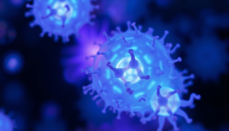 Abstract depiction of biological cells in a vibrant blue and violet glow.
