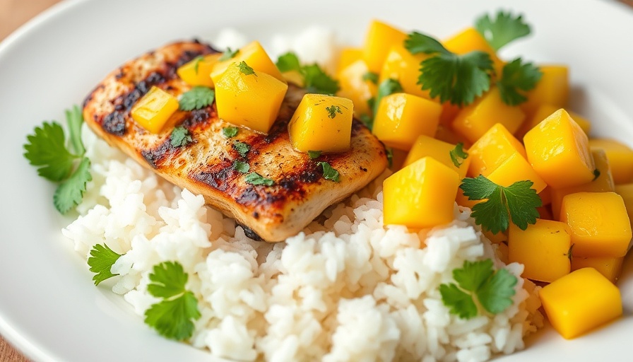 Cilantro lime chicken with mango salsa on a plate.