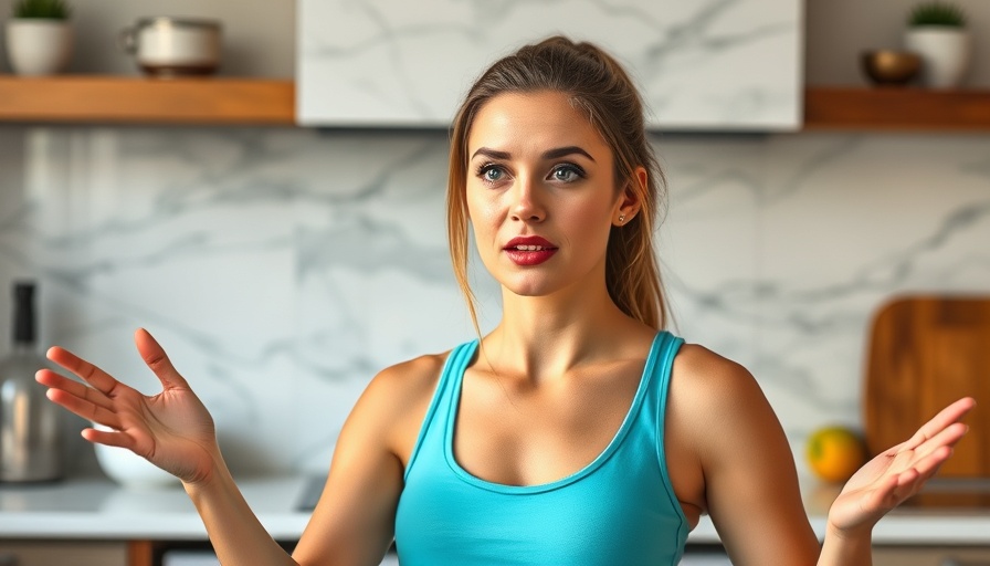 Focused woman sharing healthy lifestyle tips in a kitchen setting.