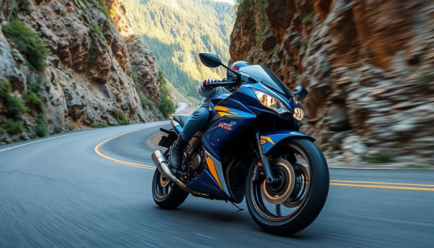 Affordable motorcycle for weekend warriors riding on a scenic road.