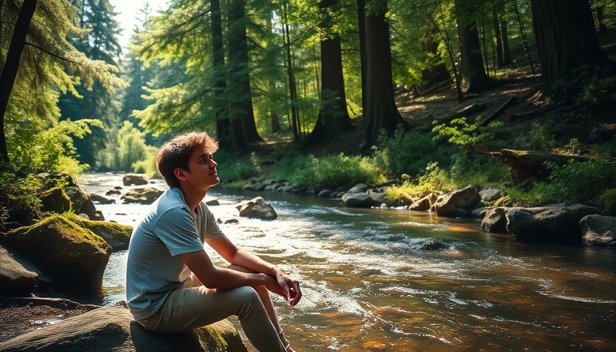 Young man practicing self-care routine by a tranquil forest stream.