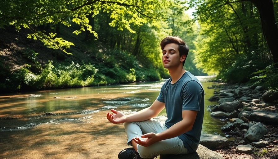 Young man engaging in self-care routine by a peaceful forest stream.