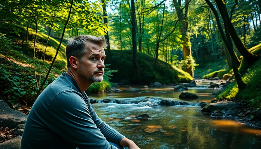 Serene man practicing self-care for anxiety by a forest stream.