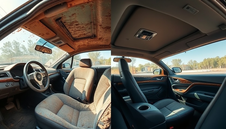 Interior restoration of a car, split view of old and new interiors.