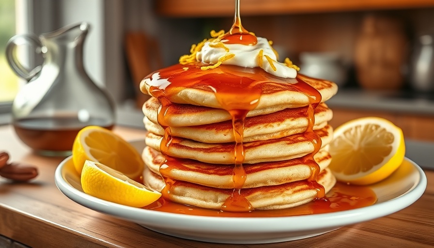 High protein pancakes drizzled with syrup and topped with yogurt.