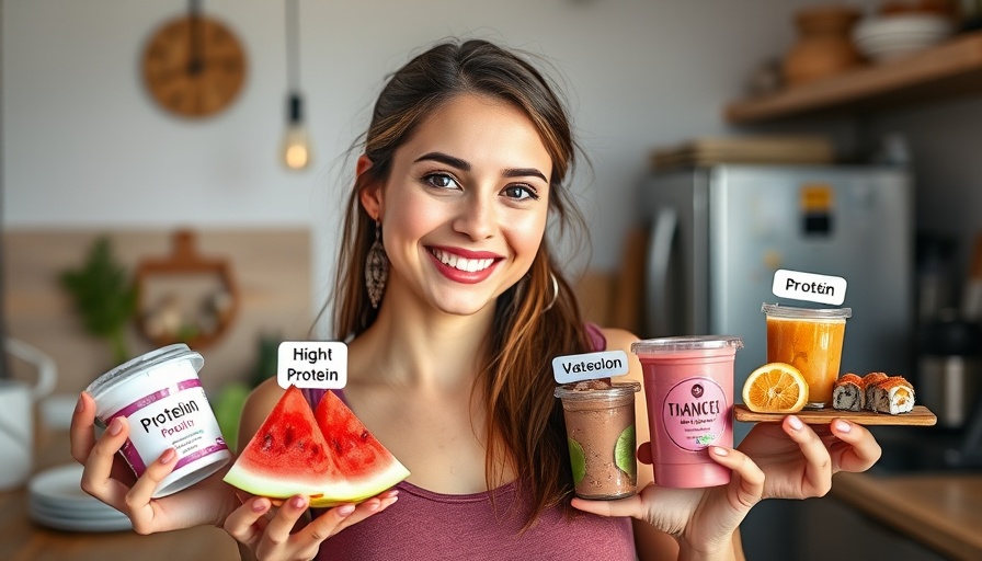 Smiling woman with high-protein snacks labeled with protein content.