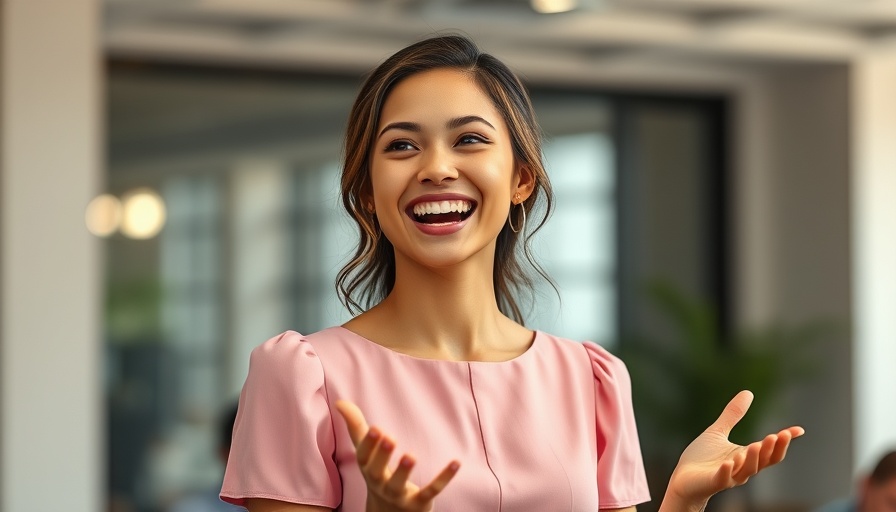 Cheerful woman presenting in pink dress for healthy eating menu plan