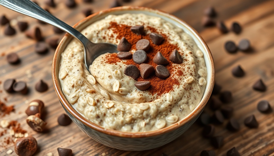 Close-up of tiramisu blended oats with cocoa and chocolate chips.