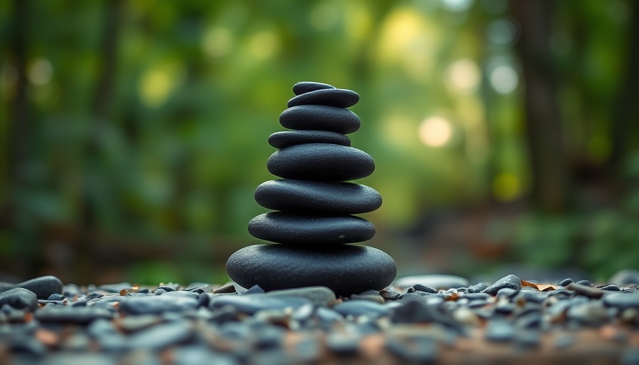 Balanced black stones in natural setting representing mindfulness.