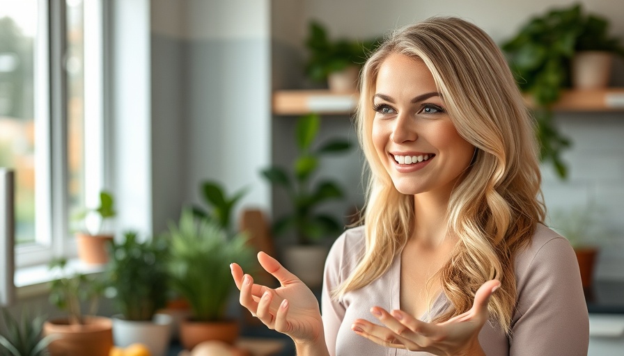 Bright expression of woman discussing fortified foods in kitchen.