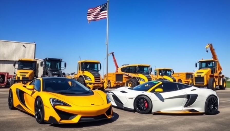 McLaren sports cars at Vehicle Processing Center with American flag.