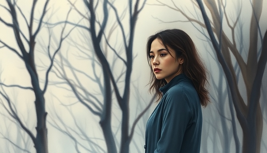 Watercolor of somber woman reflecting on losing a parent amid bare trees.