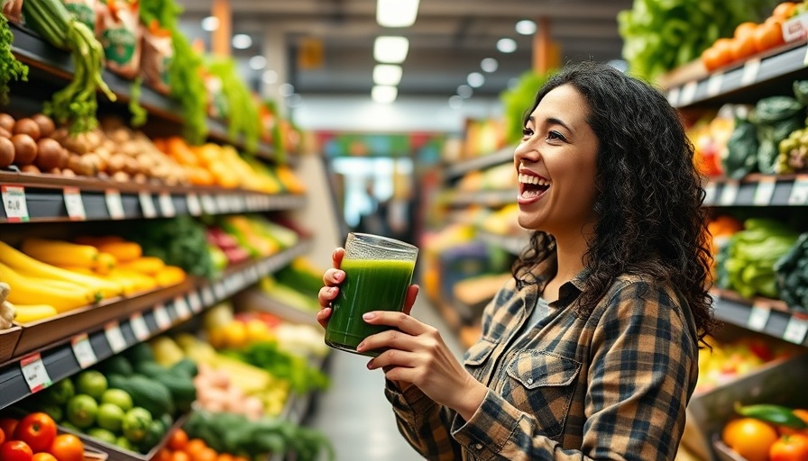Woman discussing green juice amid grocery store produce aisle, deinfluencing health foods.