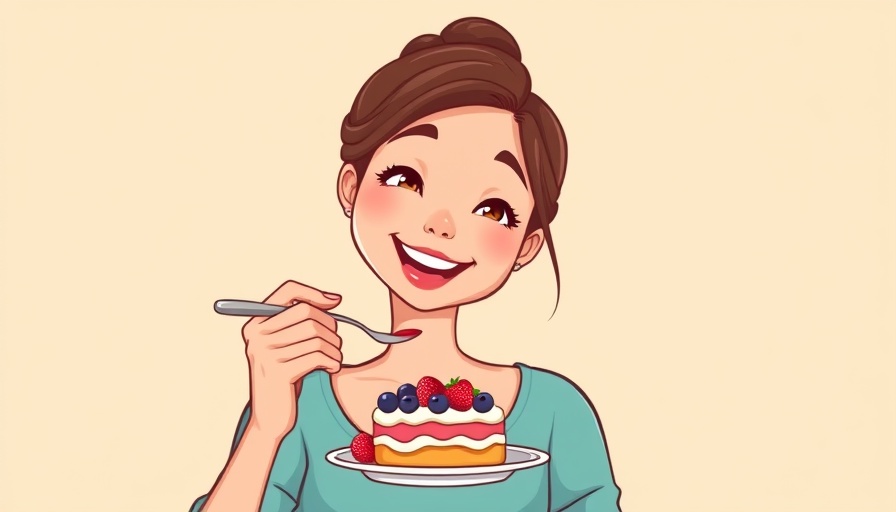 Cartoon woman smiling while enjoying cake with raspberries.