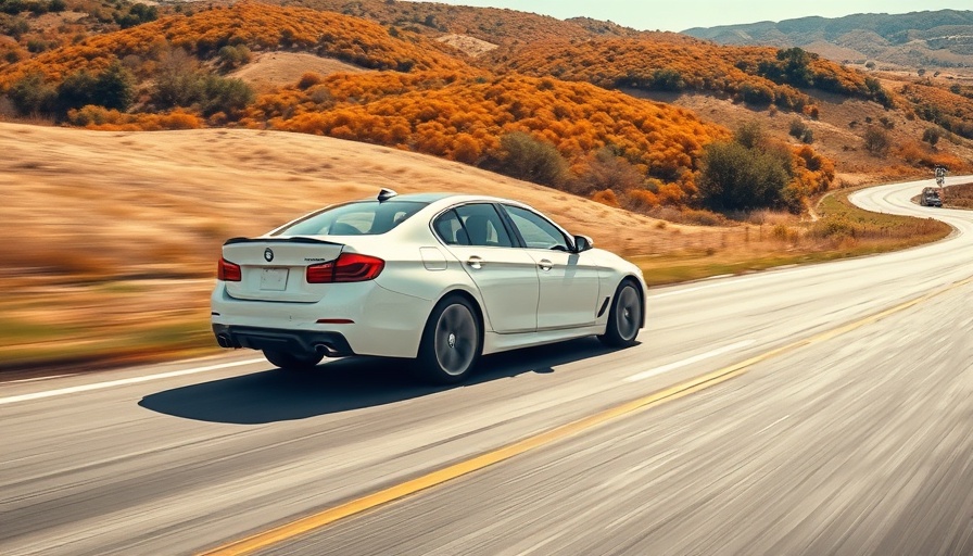 Affordable ICE sedan driving on scenic road with autumn backdrop