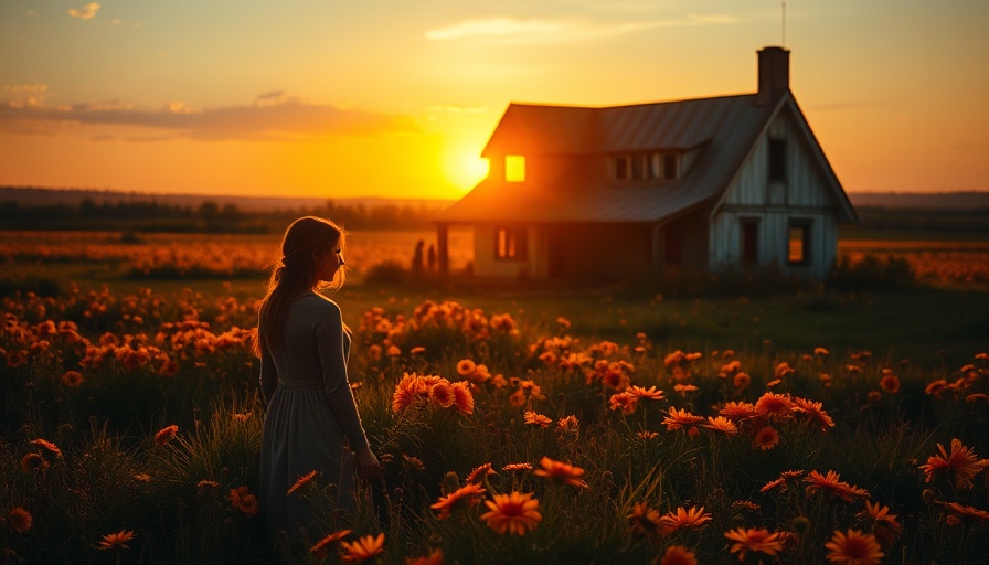 A woman stands before a broken house amid flowers at sunset.
