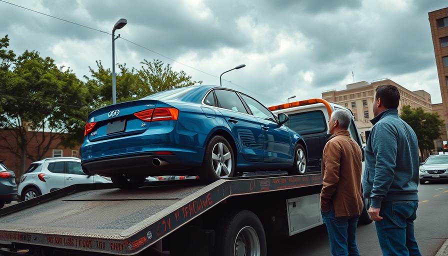 Tow truck lifting a blue car in suspected bandit tow truck scam.