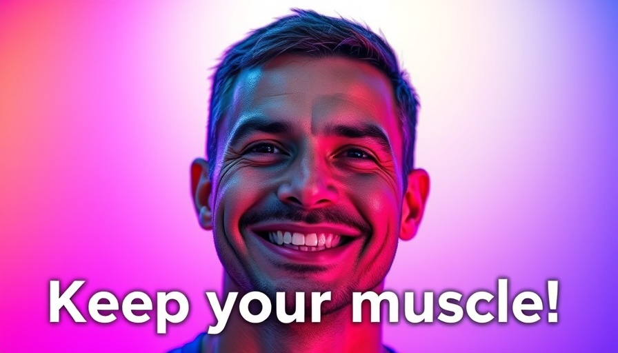 Close-up of smiling man with 'Keep Your Muscle!' text for how to lose fat without losing muscle.
