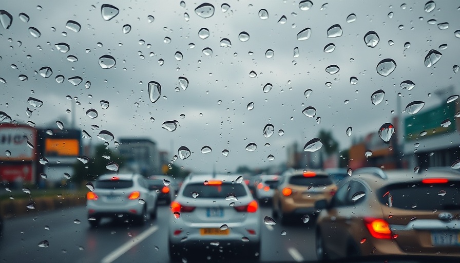 Rainy day traffic through a windshield showcasing best tires for rainy conditions.