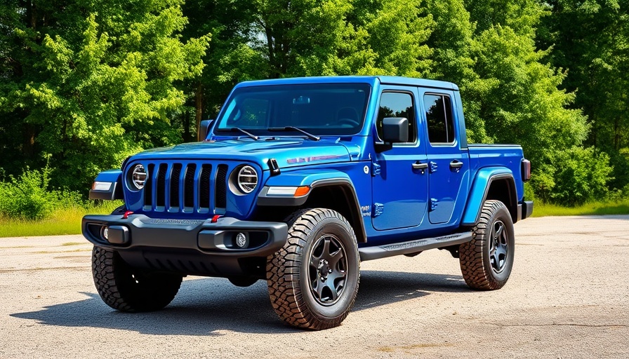 Blue Jeep Gladiator V8 parked on gravel.