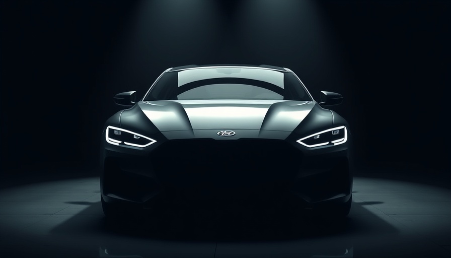 Sleek futuristic car front view in a dark, spotlighted setting.