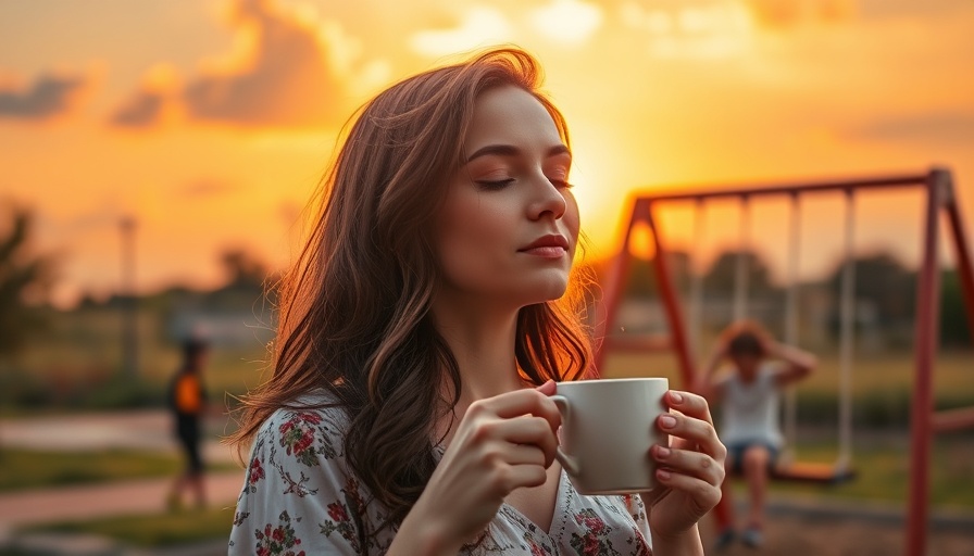 Woman enjoys self-care routine with morning tea in a sunlit park.
