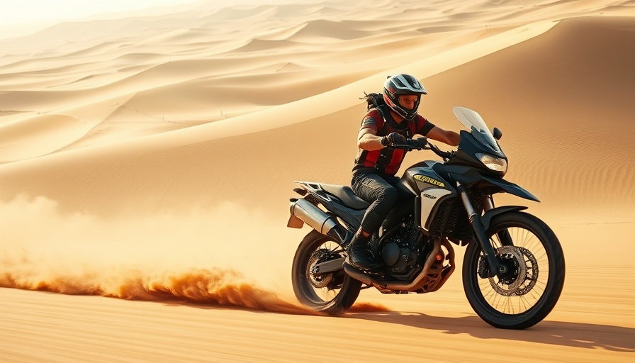 Adventure motorcycle 2025 speeding through desert dunes.
