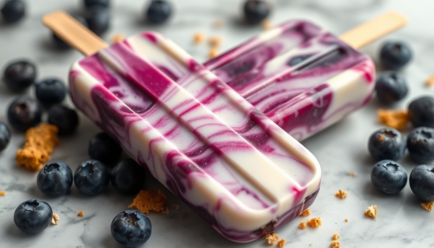 Blueberry cheesecake protein popsicles with vivid purple swirls and scattered blueberries.