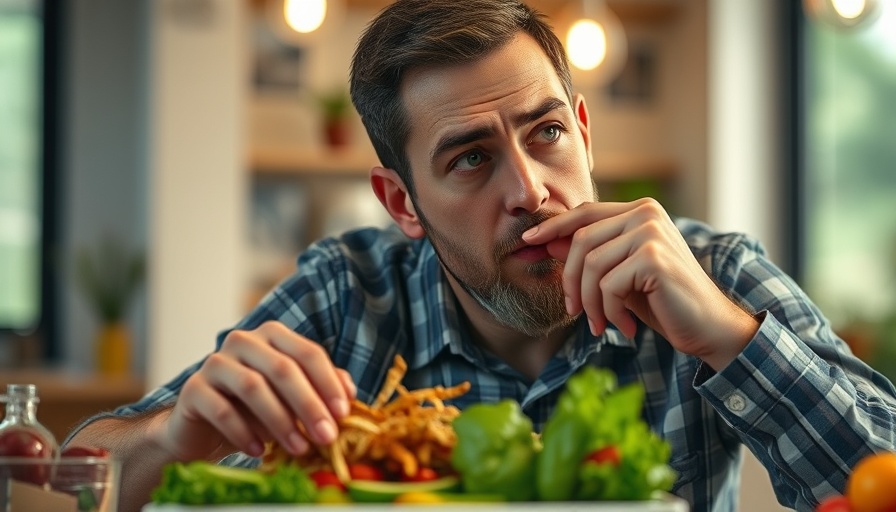 Contemplative man with healthy meal, questioning safety.