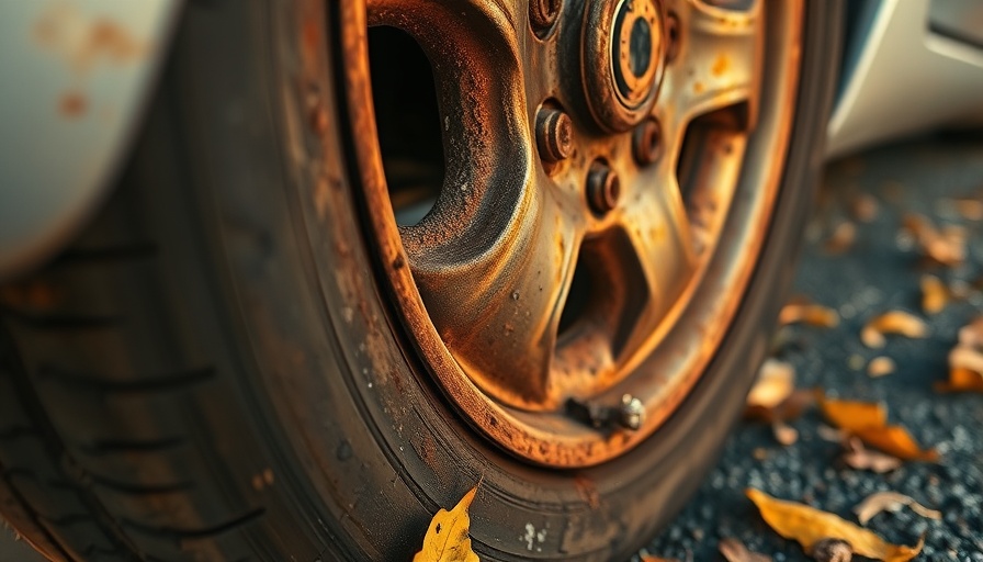 Inspecting a salvage car wheel reveals rust defects.