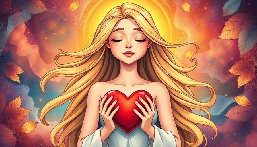 Woman practicing self-love holding heart in cosmic background.