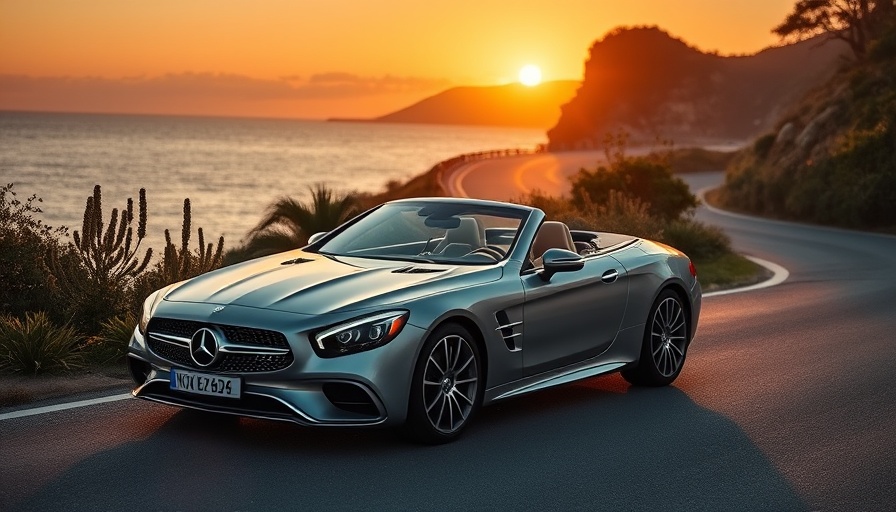 Mercedes-Maybach SL 680 Monogram Series roadsters at sunset by coast.