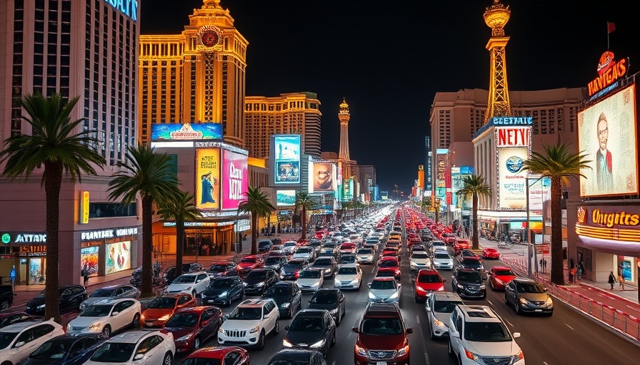 Busy Las Vegas Strip traffic during major event at night, neon lights.