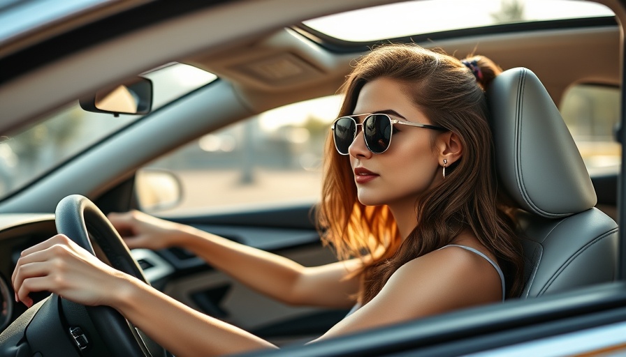 Young woman driving a car, highlighting car accessories, car accessories guide