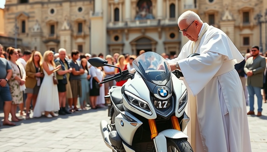 Pope blessing BMW R 18 with crowd in sunny outdoor setting.