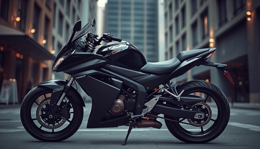 Sleek black motorcycle, best cruisers for everyday usability, urban backdrop.
