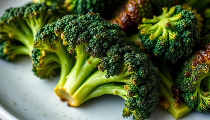 Crispy roasted broccoli in a close-up shot displaying vibrant green color.