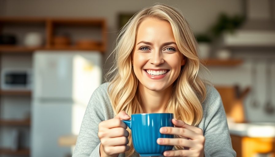 Blonde woman discussing low-carb diet benefits, smiling in kitchen.
