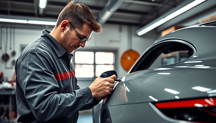 Technician working on Porsche 911 widebody fender in a garage.