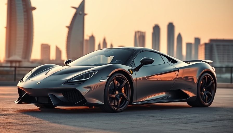 Luxury car parked with Dubai skyline during sunset, Renting a Car in Dubai.