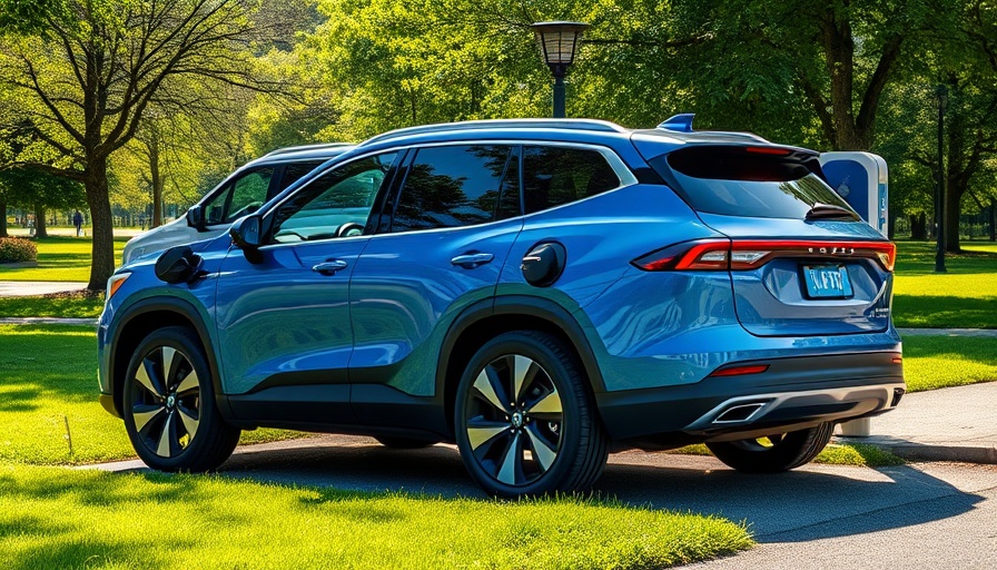 Modern electric SUV charging at station in green park.