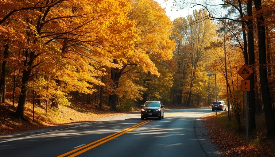 Vehicles driving on forest road with autumn foliage, illustrating 'Claim Compensation After a Motor Vehicle Accident' concept.