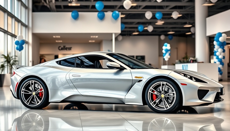 Sleek silver sports car in showroom, modern dealership decor, photorealistic