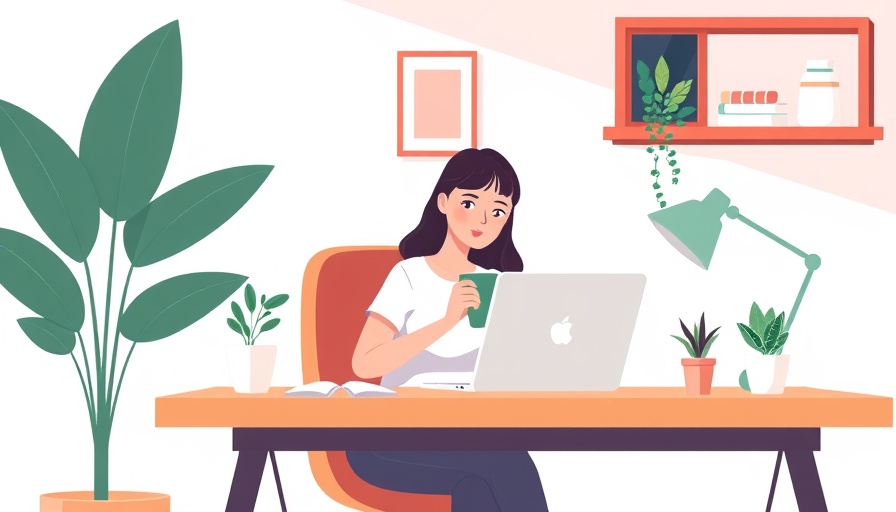 Minimalist mindfulness meditation themed illustration with a woman at a desk.