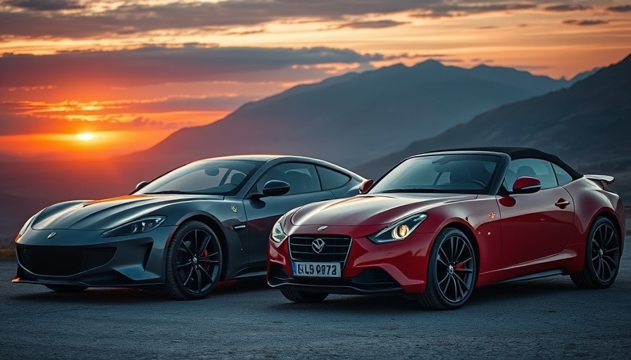 Salvage luxury car vs budget car at sunset in mountains.