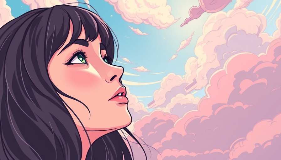 Illustration of self-care depicting a young woman reflecting amid colorful clouds.